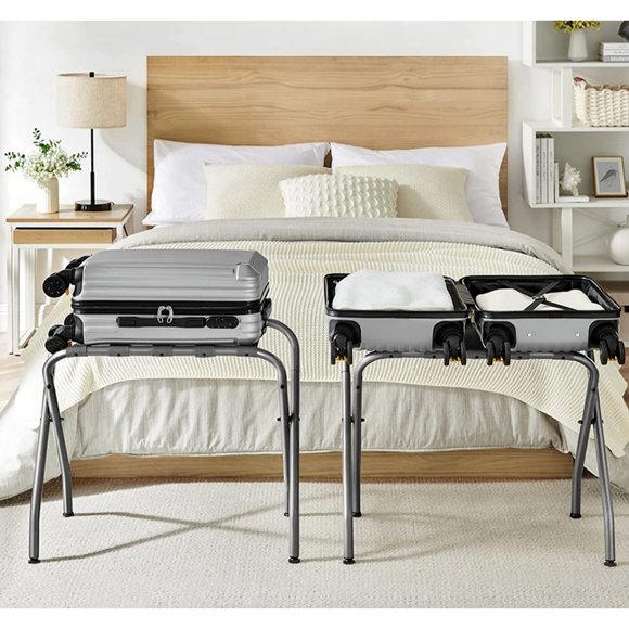 Luggage Rack Stand Suitcase Rack Folding Metal Gray Nylon Belt Rubber Feet - Picture 2 of 7